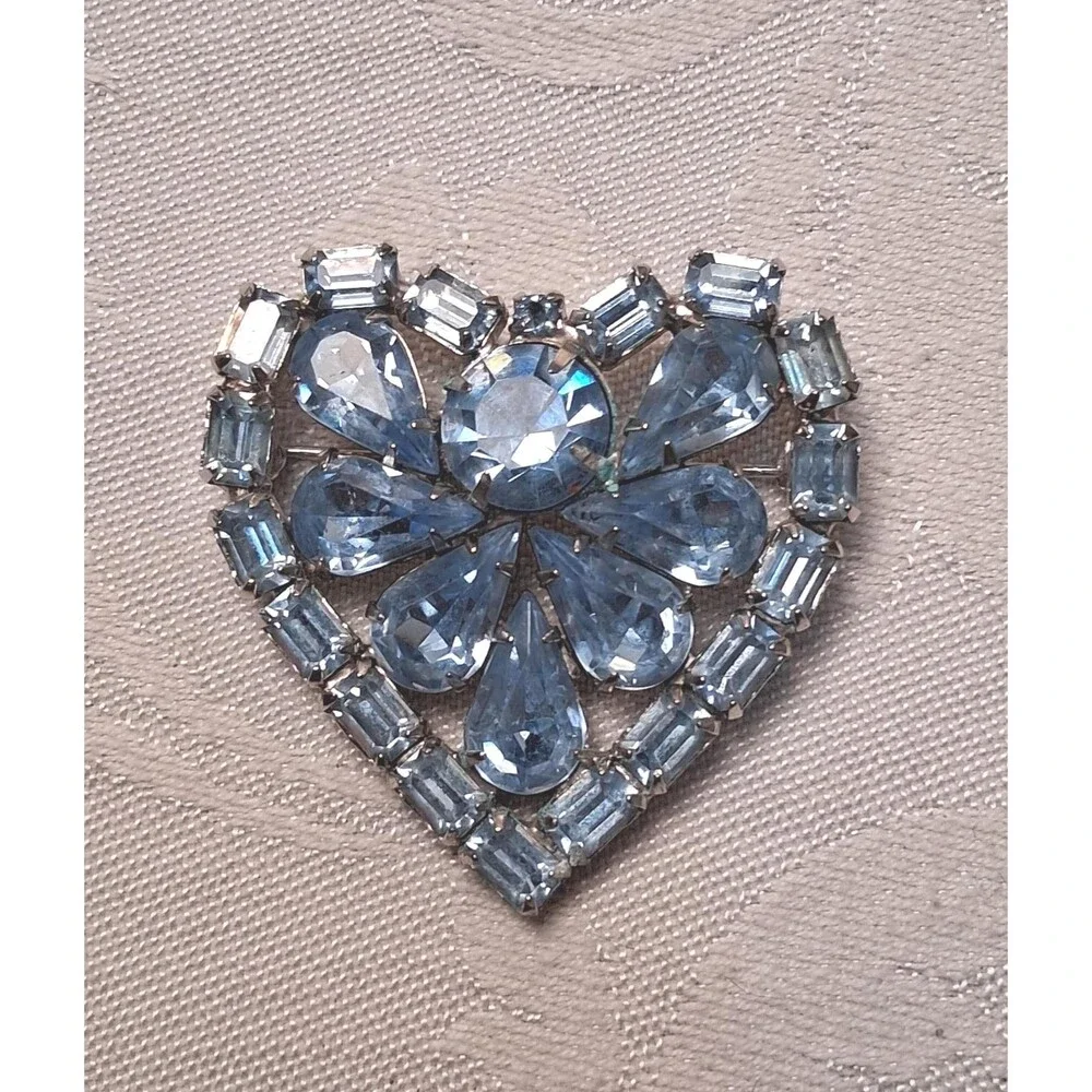 Vintage Rhinestone Heart Brooch Blue Stones
